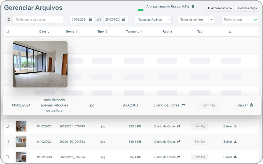 Armazene todos os dados, relatórios, imagens e arquivos da sua obra, com filtros por tag, data e rotina. Acesse via nuvem de qualquer lugar que estiver!