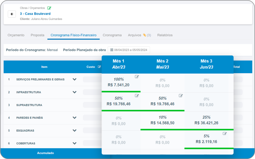 Faça o seu Cronograma Físico-Financeiro integrado ao Orçamento de forma simples e rápida e tenha mais previsibilidade financeira na sua obra.