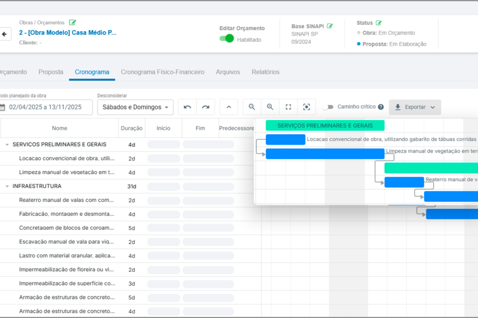 Planeje, gerencie e acompanhe sua obra com links entre as atividades, replanejamento automático, identificação de tarefas críticas e exportação para diversos formatos.